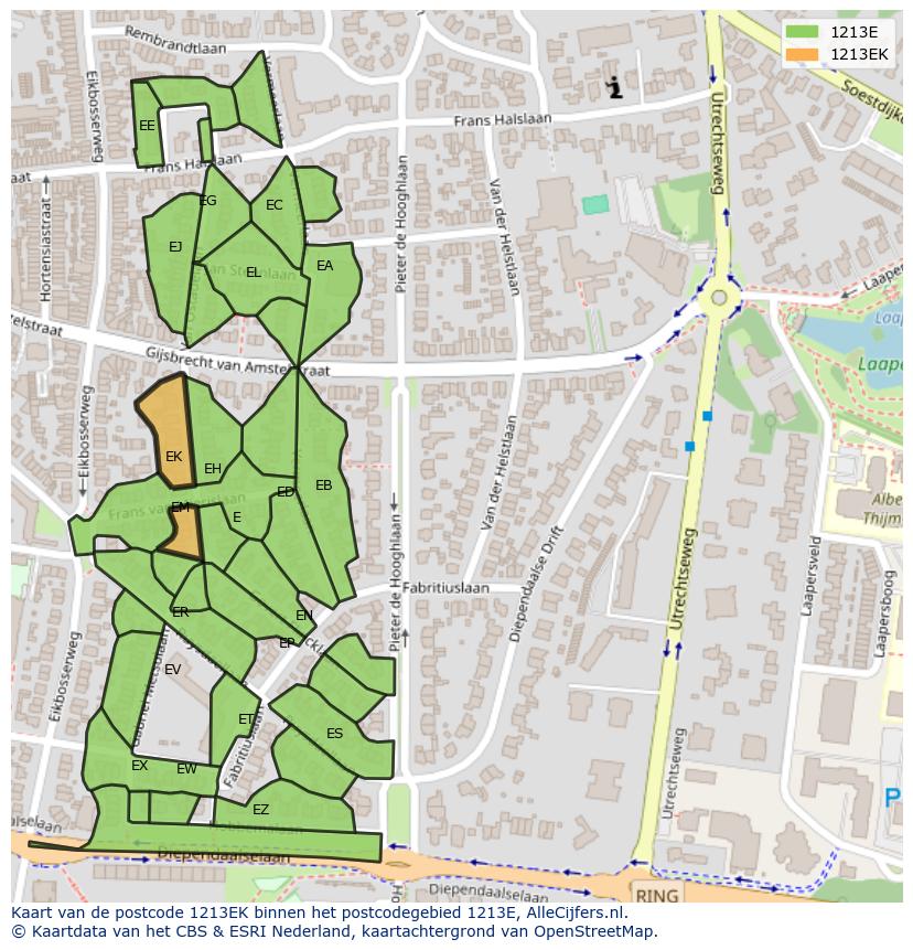 Afbeelding van het postcodegebied 1213 EK op de kaart.