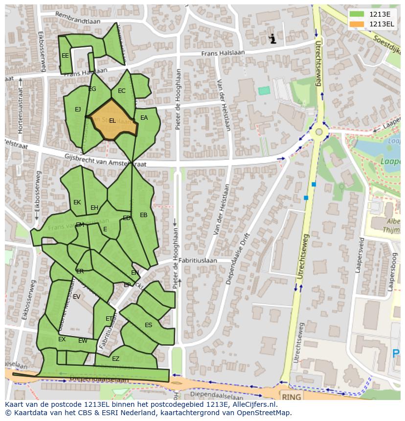 Afbeelding van het postcodegebied 1213 EL op de kaart.