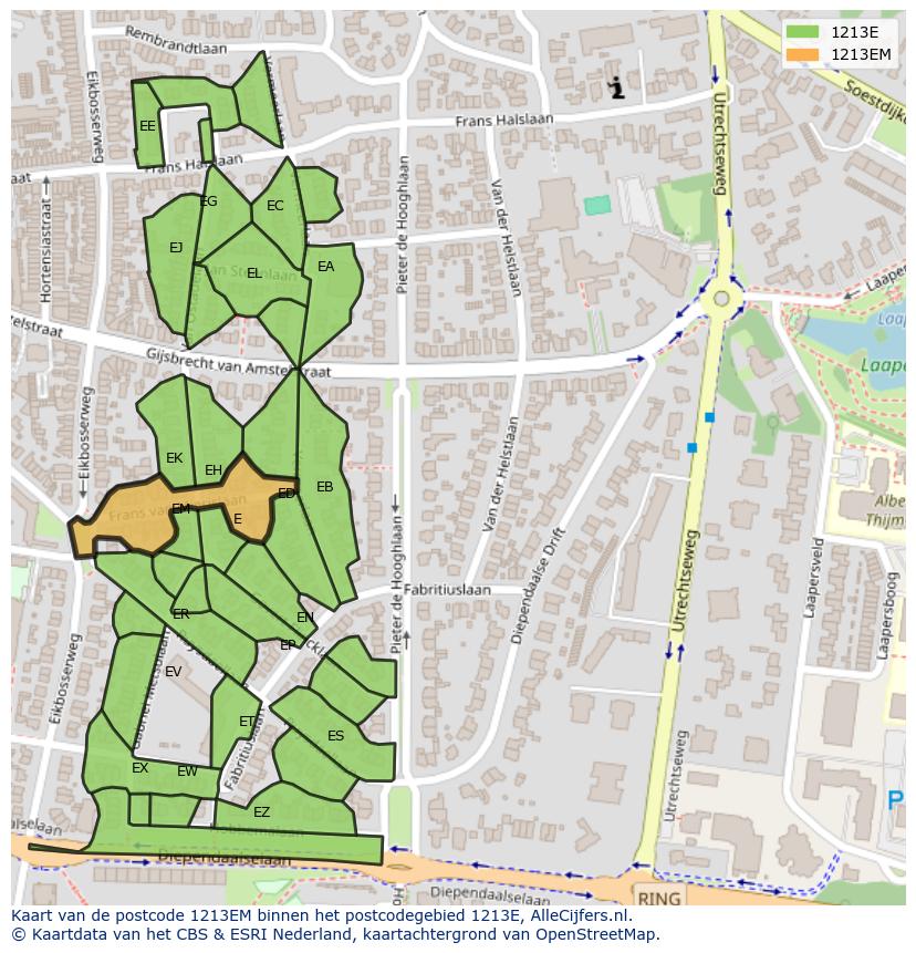Afbeelding van het postcodegebied 1213 EM op de kaart.