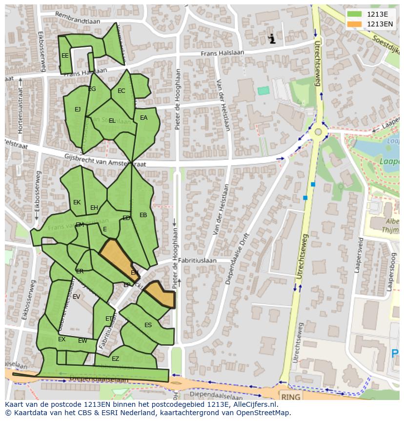 Afbeelding van het postcodegebied 1213 EN op de kaart.