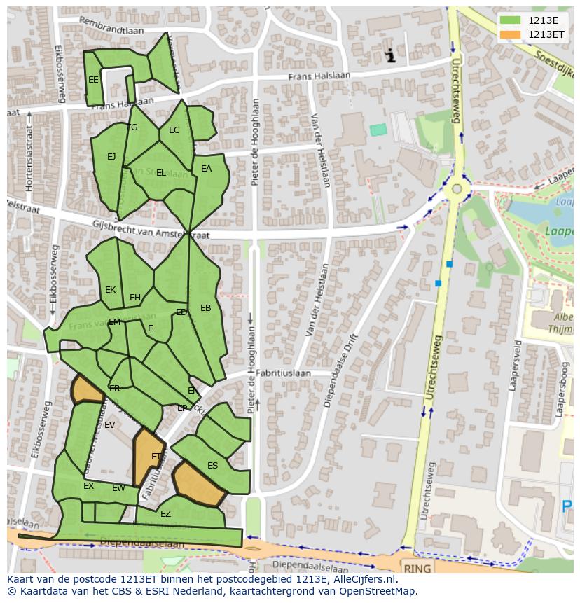 Afbeelding van het postcodegebied 1213 ET op de kaart.