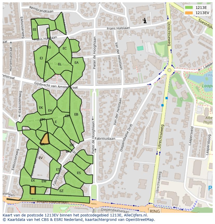 Afbeelding van het postcodegebied 1213 EV op de kaart.