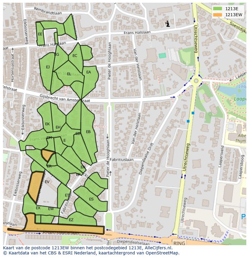 Afbeelding van het postcodegebied 1213 EW op de kaart.