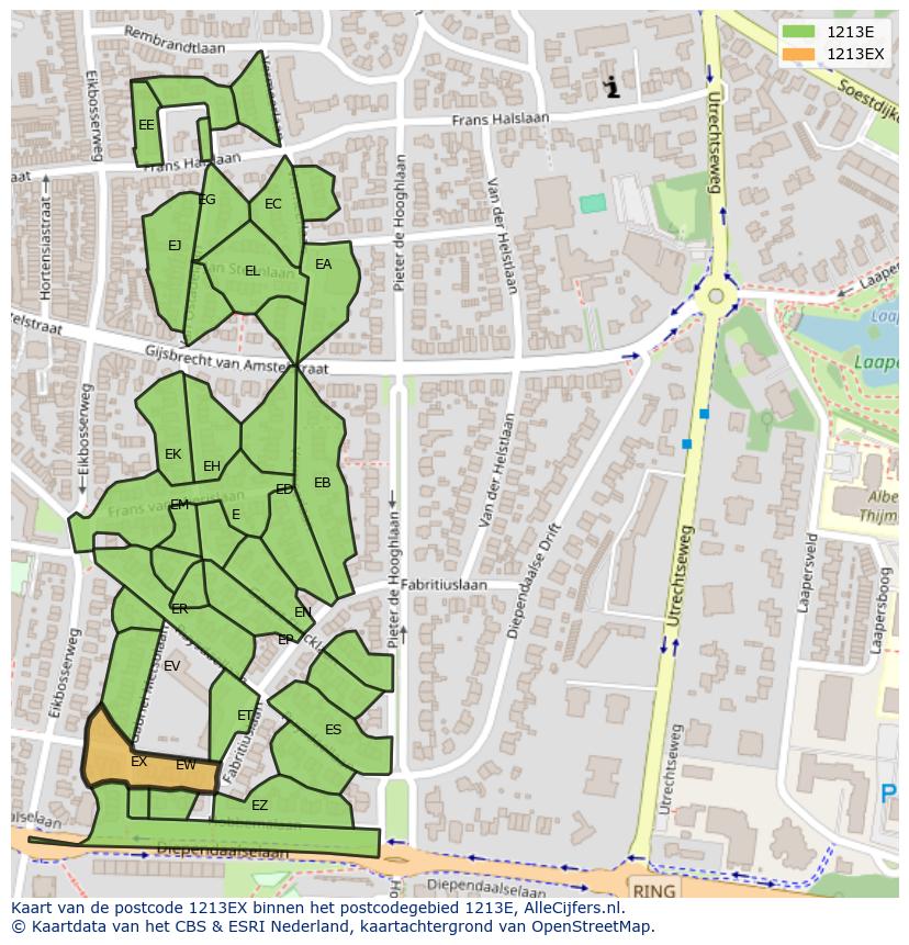Afbeelding van het postcodegebied 1213 EX op de kaart.