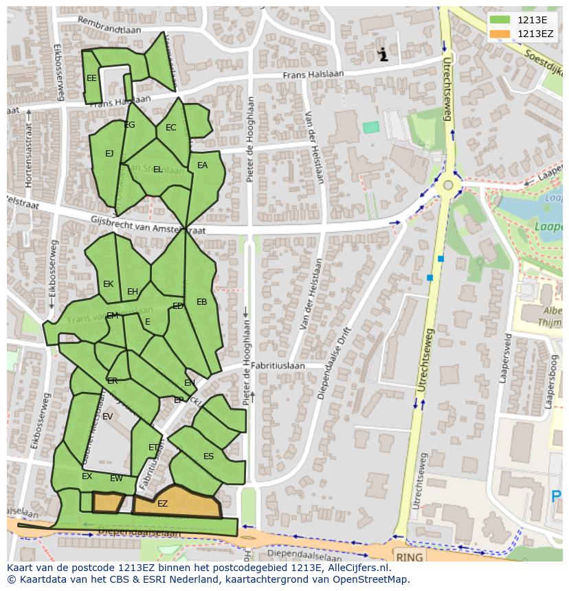 Afbeelding van het postcodegebied 1213 EZ op de kaart.