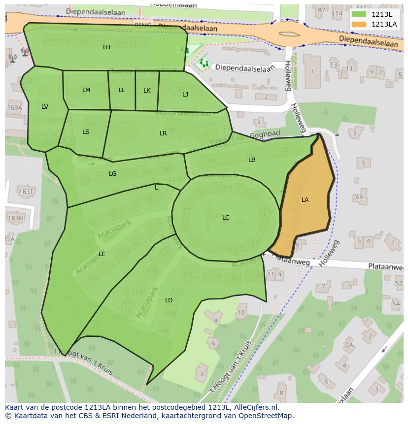 Afbeelding van het postcodegebied 1213 LA op de kaart.