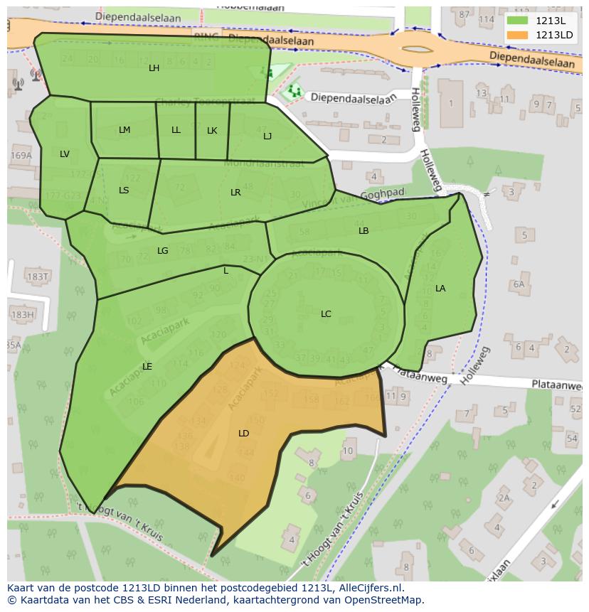 Afbeelding van het postcodegebied 1213 LD op de kaart.