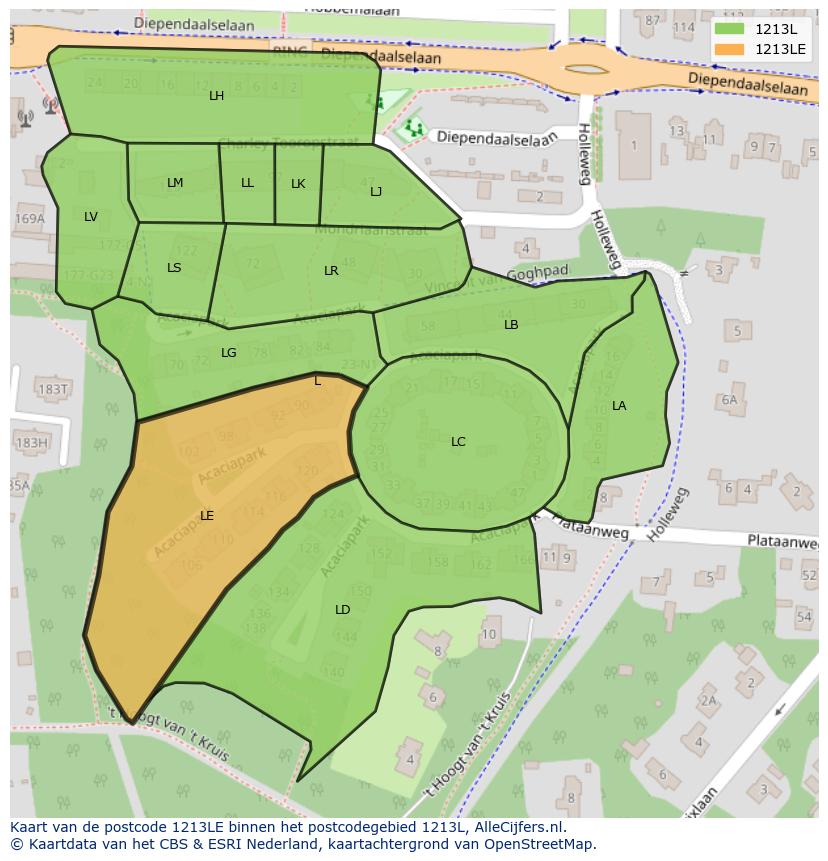 Afbeelding van het postcodegebied 1213 LE op de kaart.