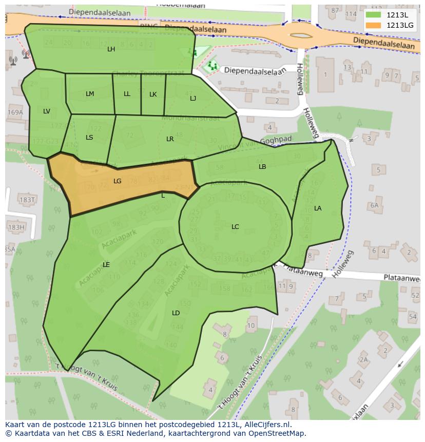 Afbeelding van het postcodegebied 1213 LG op de kaart.