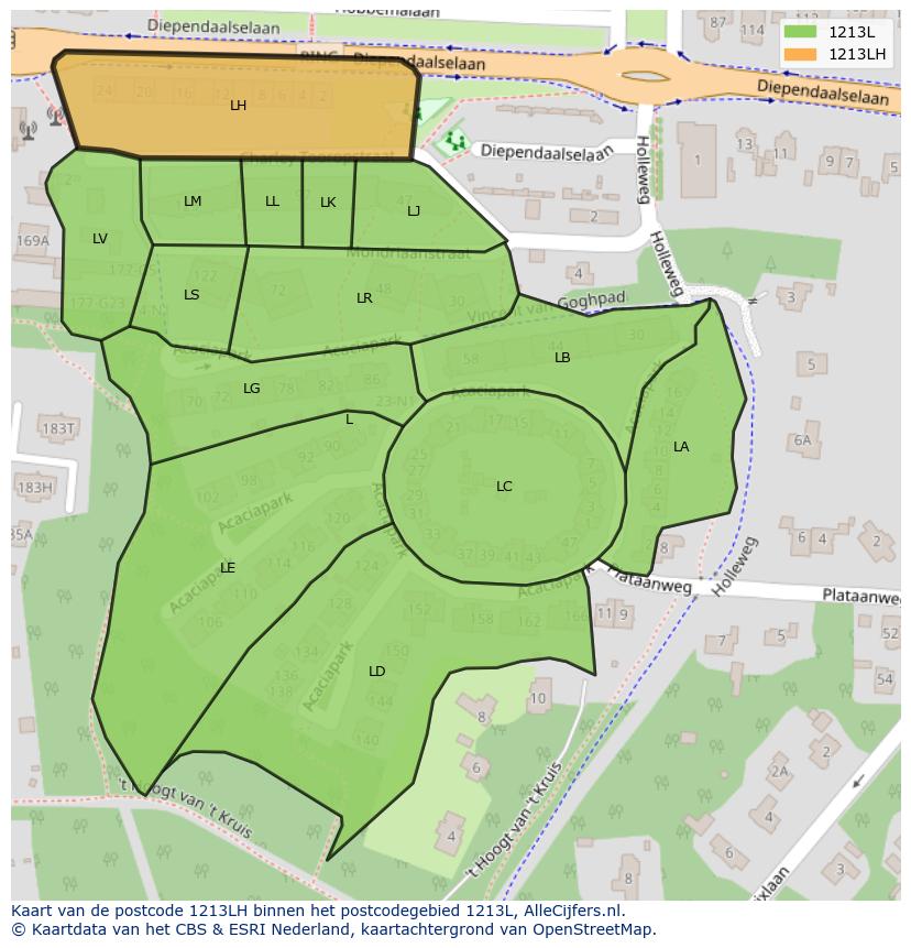 Afbeelding van het postcodegebied 1213 LH op de kaart.