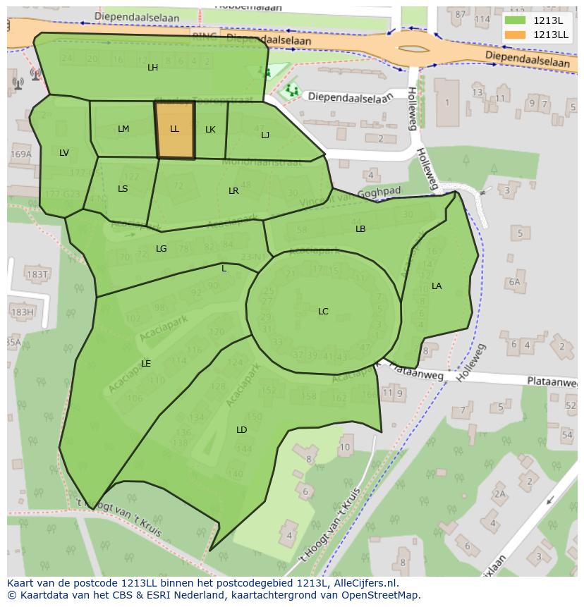 Afbeelding van het postcodegebied 1213 LL op de kaart.