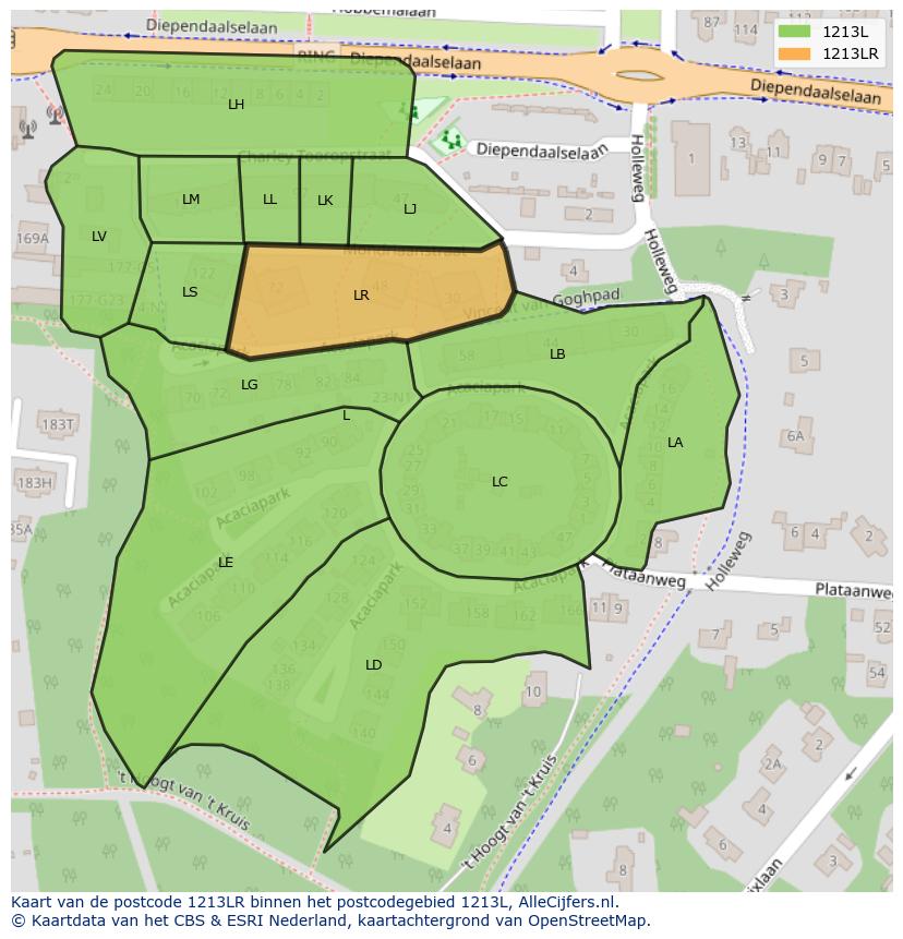 Afbeelding van het postcodegebied 1213 LR op de kaart.