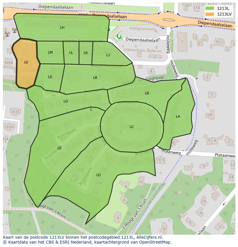 Afbeelding van het postcodegebied 1213 LV op de kaart.
