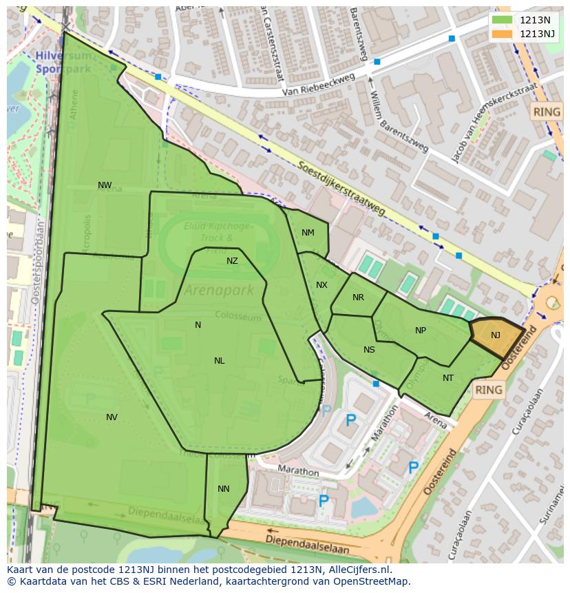 Afbeelding van het postcodegebied 1213 NJ op de kaart.
