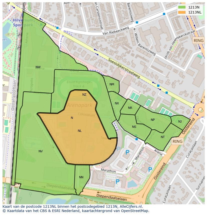 Afbeelding van het postcodegebied 1213 NL op de kaart.