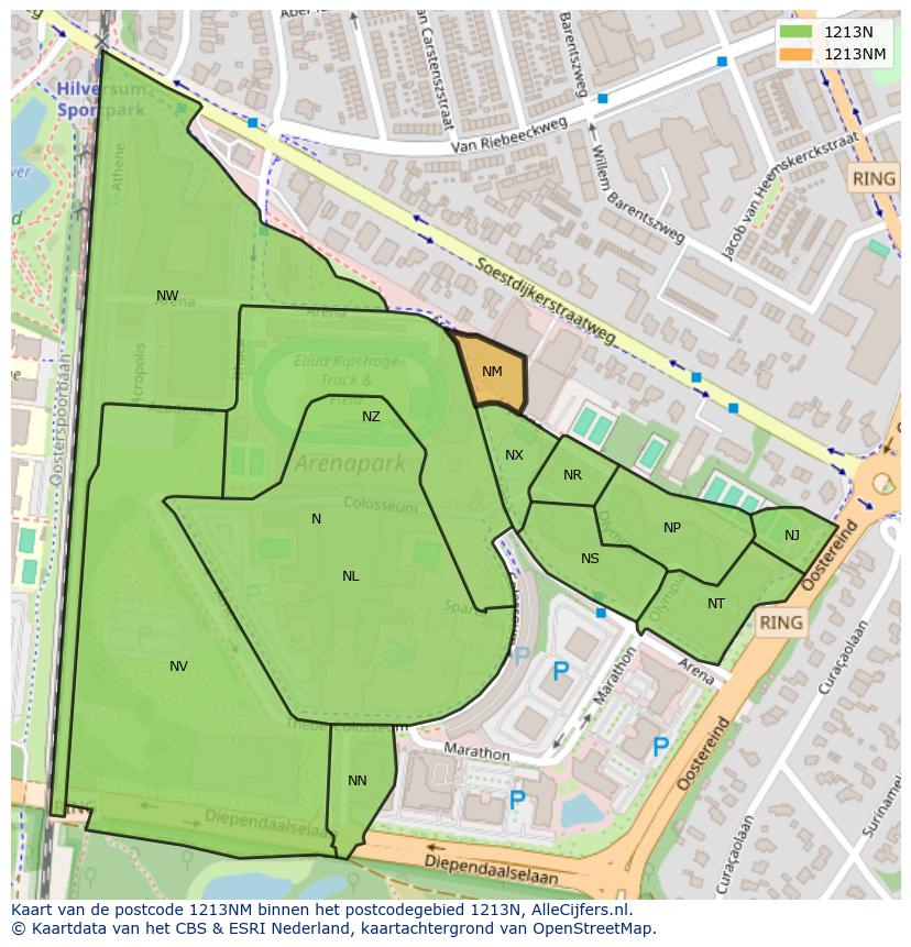 Afbeelding van het postcodegebied 1213 NM op de kaart.