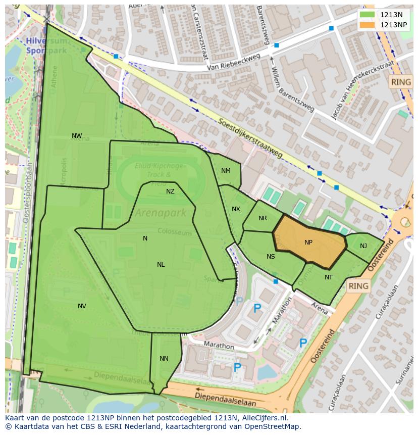 Afbeelding van het postcodegebied 1213 NP op de kaart.