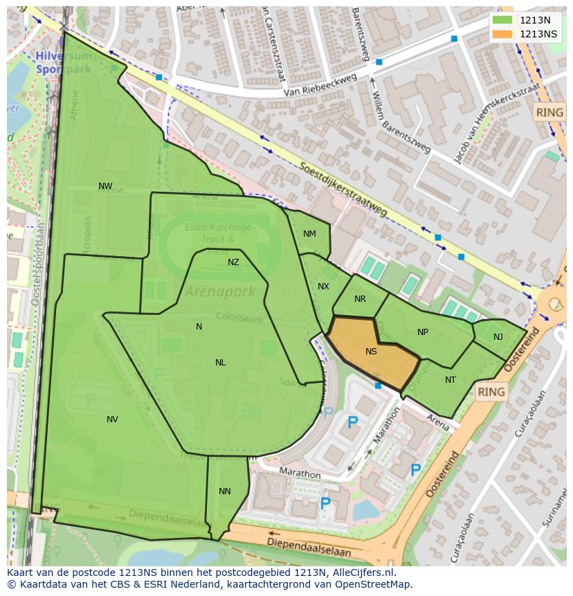 Afbeelding van het postcodegebied 1213 NS op de kaart.