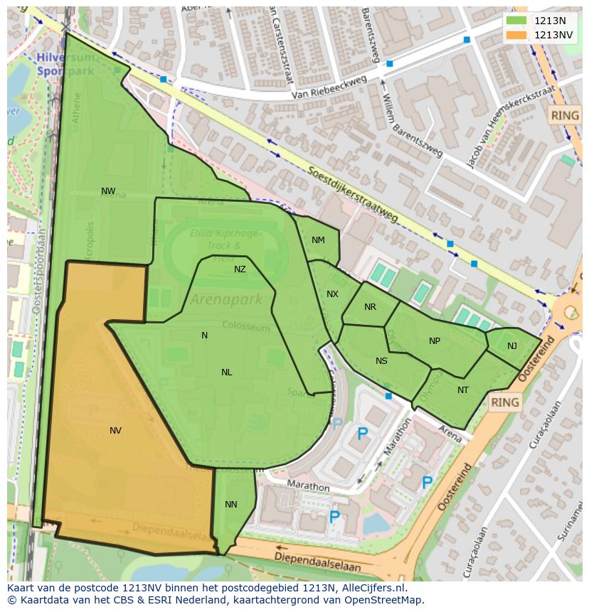 Afbeelding van het postcodegebied 1213 NV op de kaart.