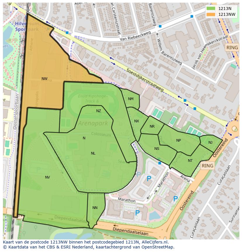 Afbeelding van het postcodegebied 1213 NW op de kaart.