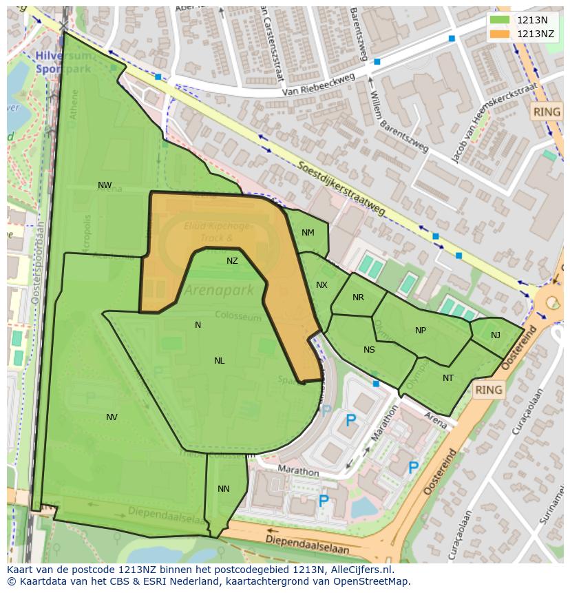 Afbeelding van het postcodegebied 1213 NZ op de kaart.