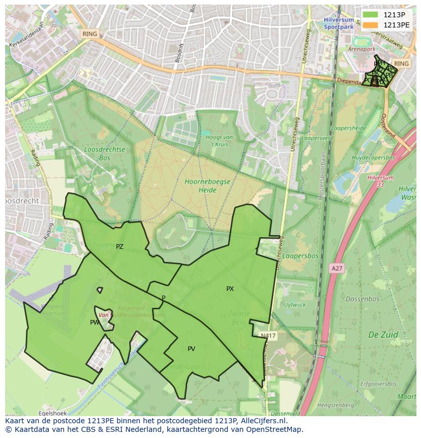 Afbeelding van het postcodegebied 1213 PE op de kaart.