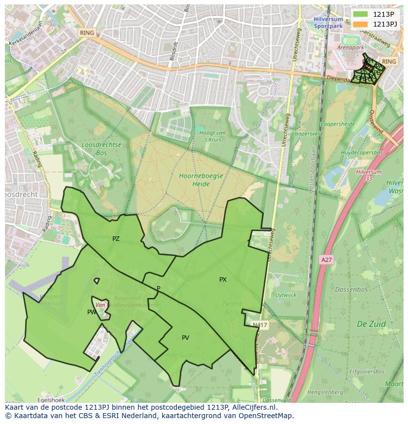 Afbeelding van het postcodegebied 1213 PJ op de kaart.