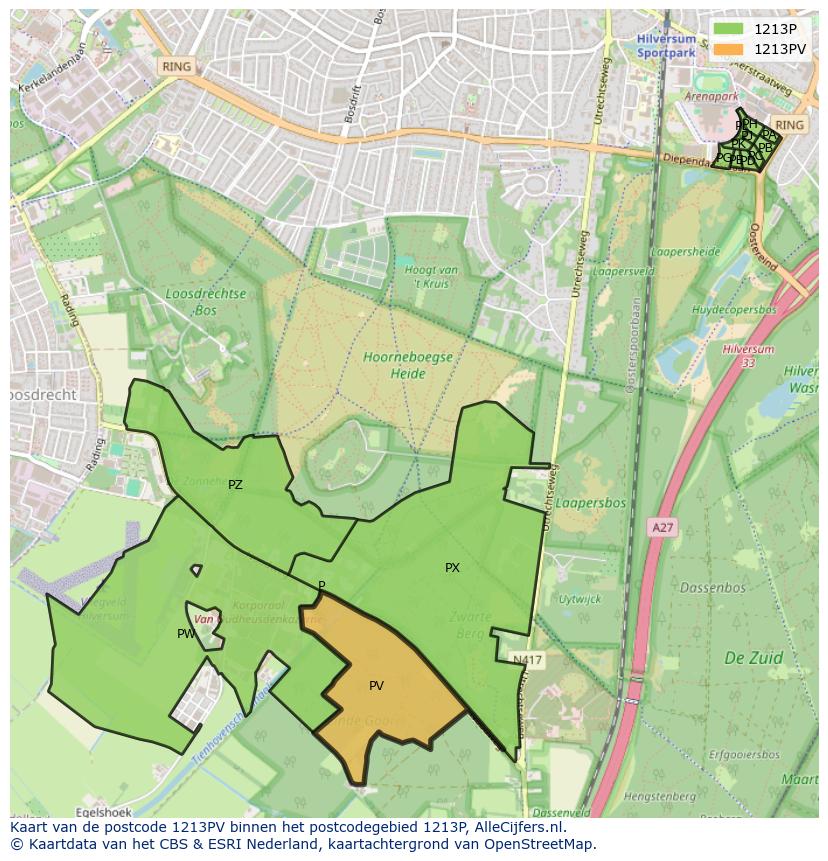 Afbeelding van het postcodegebied 1213 PV op de kaart.