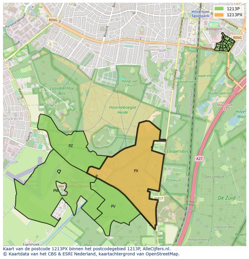 Afbeelding van het postcodegebied 1213 PX op de kaart.