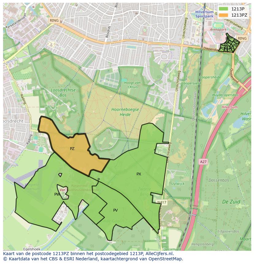 Afbeelding van het postcodegebied 1213 PZ op de kaart.