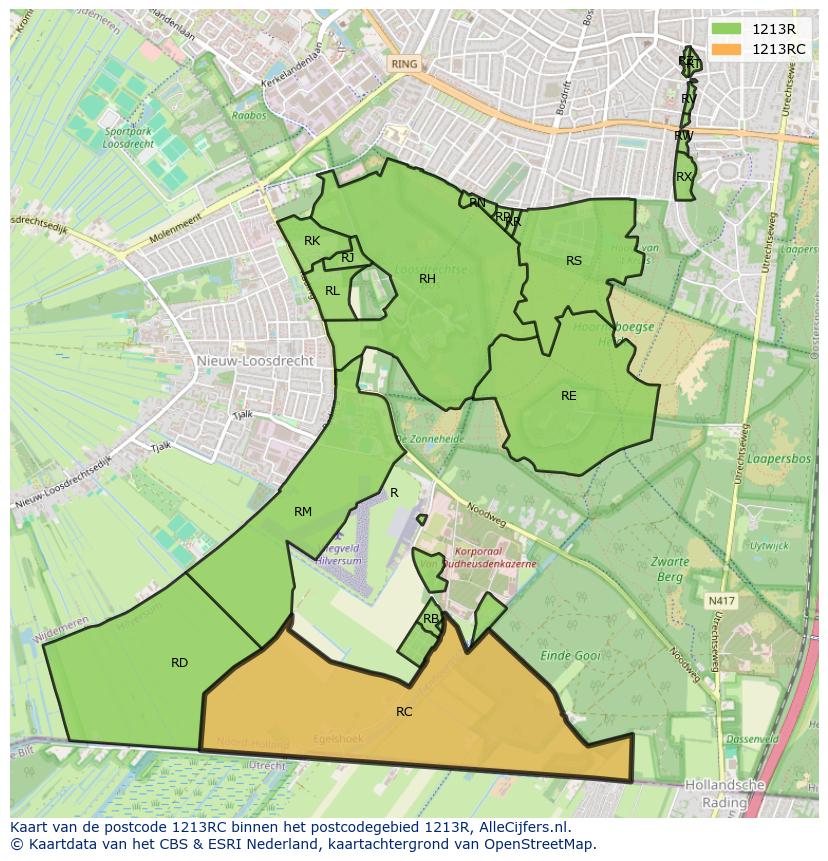 Afbeelding van het postcodegebied 1213 RC op de kaart.