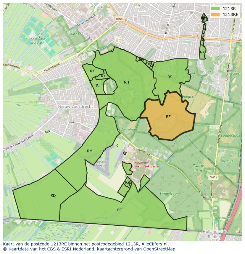 Afbeelding van het postcodegebied 1213 RE op de kaart.