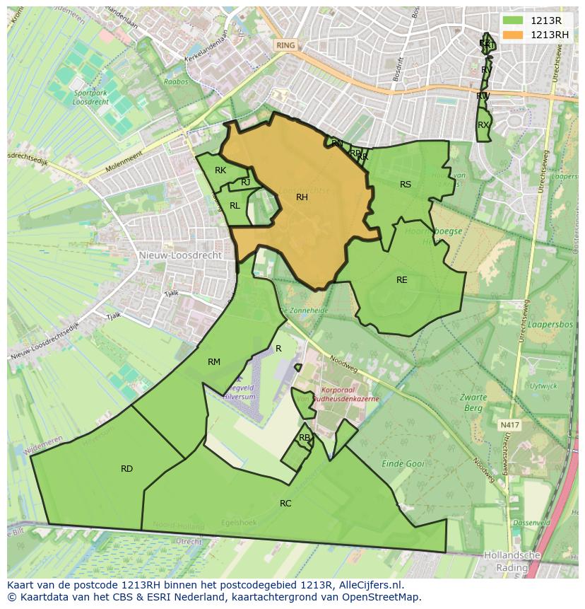 Afbeelding van het postcodegebied 1213 RH op de kaart.