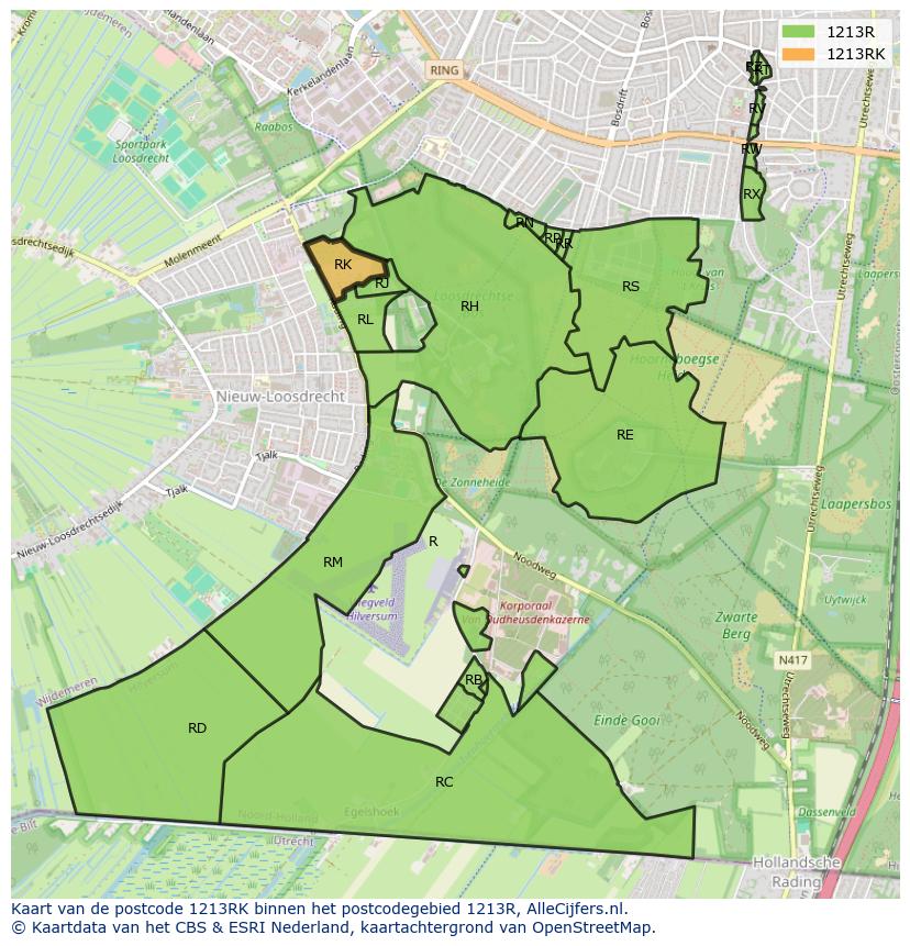 Afbeelding van het postcodegebied 1213 RK op de kaart.
