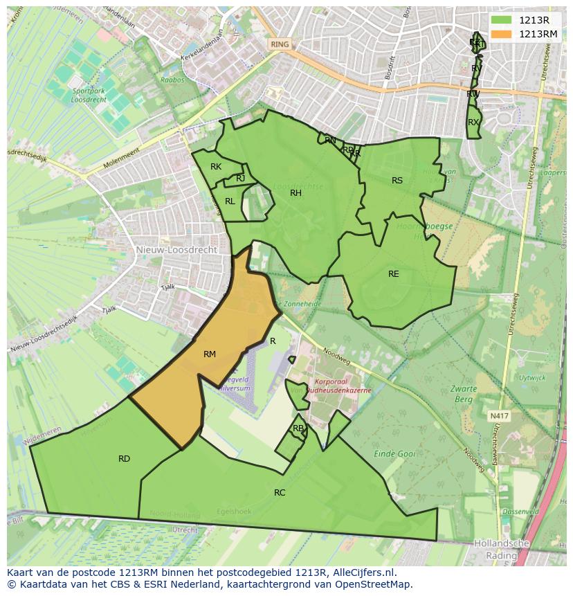 Afbeelding van het postcodegebied 1213 RM op de kaart.