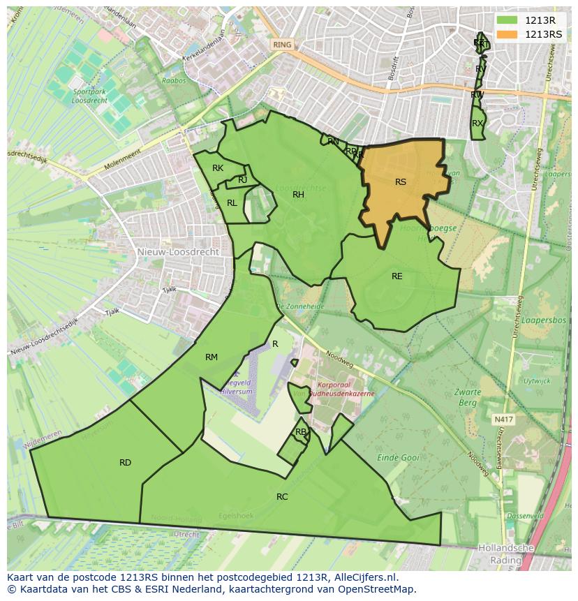Afbeelding van het postcodegebied 1213 RS op de kaart.