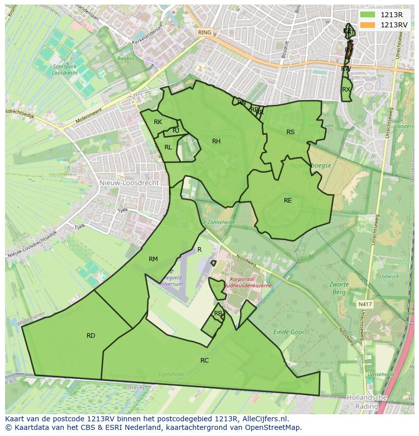 Afbeelding van het postcodegebied 1213 RV op de kaart.