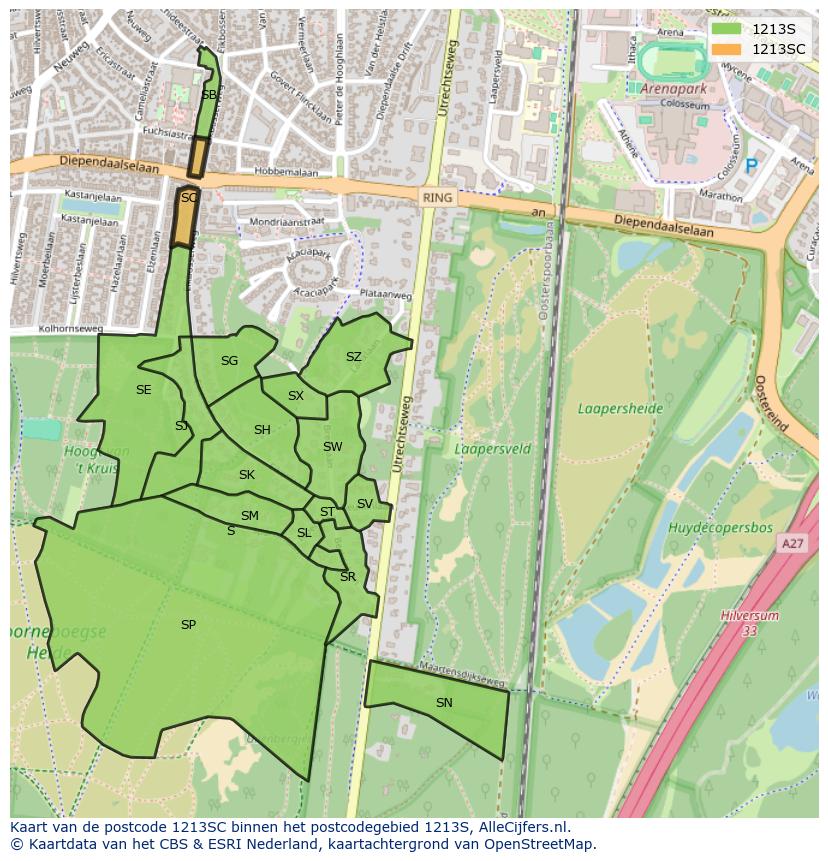 Afbeelding van het postcodegebied 1213 SC op de kaart.