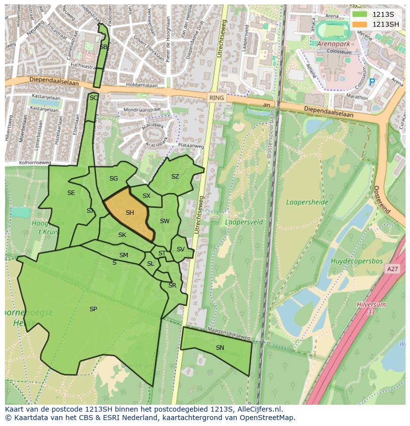 Afbeelding van het postcodegebied 1213 SH op de kaart.