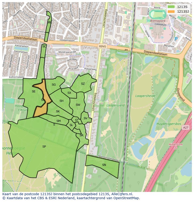 Afbeelding van het postcodegebied 1213 SJ op de kaart.