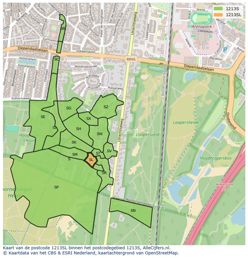 Afbeelding van het postcodegebied 1213 SL op de kaart.