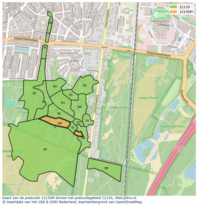 Afbeelding van het postcodegebied 1213 SM op de kaart.