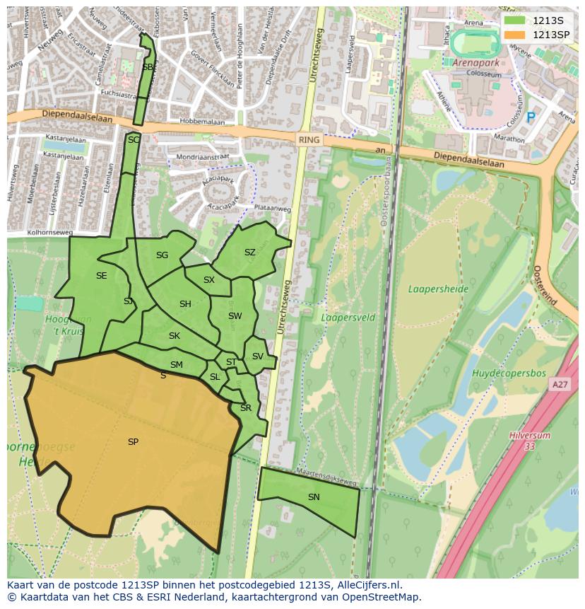 Afbeelding van het postcodegebied 1213 SP op de kaart.