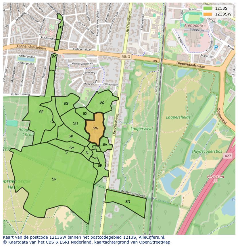 Afbeelding van het postcodegebied 1213 SW op de kaart.