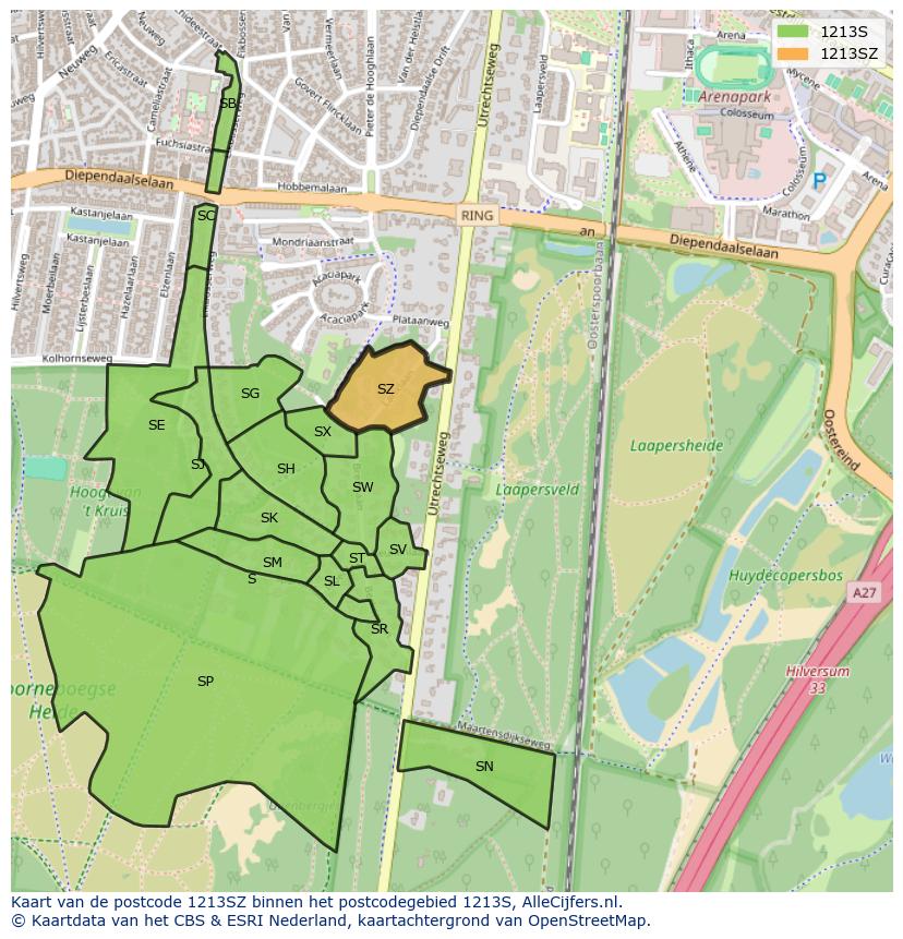 Afbeelding van het postcodegebied 1213 SZ op de kaart.