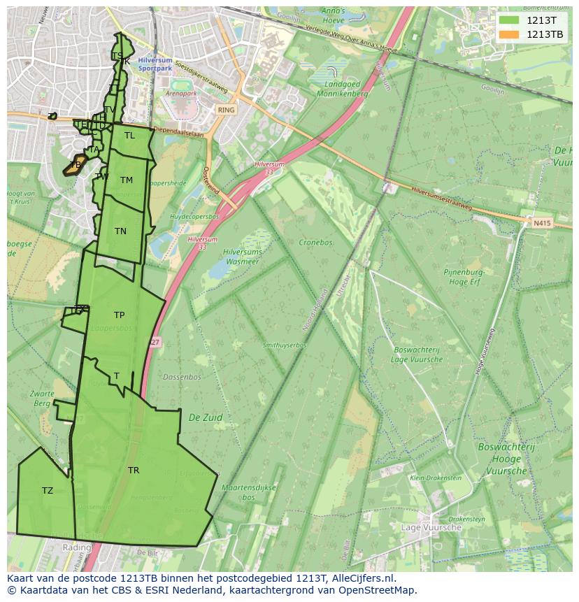 Afbeelding van het postcodegebied 1213 TB op de kaart.