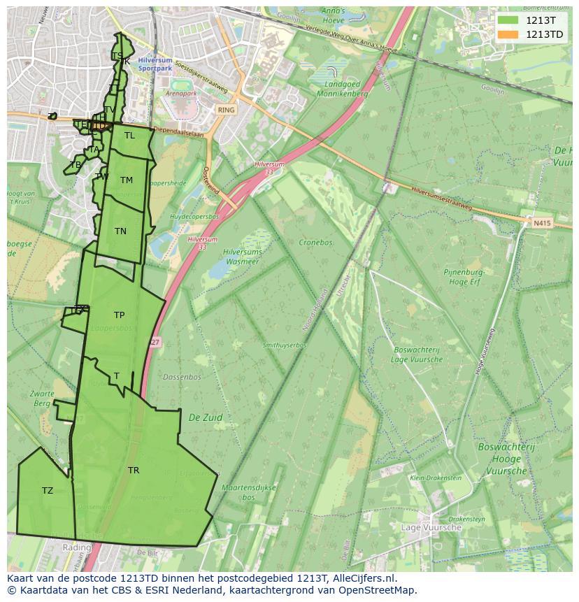 Afbeelding van het postcodegebied 1213 TD op de kaart.