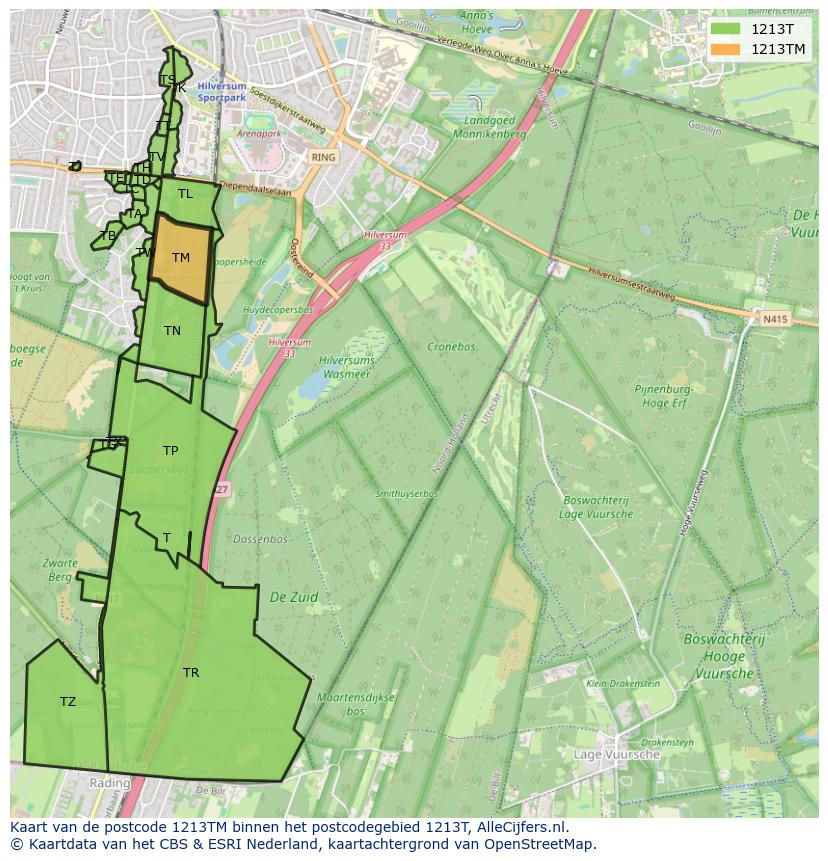 Afbeelding van het postcodegebied 1213 TM op de kaart.