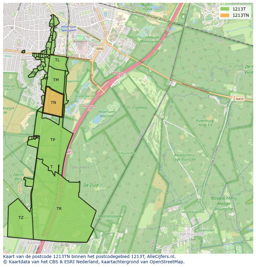 Afbeelding van het postcodegebied 1213 TN op de kaart.