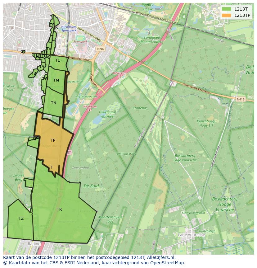 Afbeelding van het postcodegebied 1213 TP op de kaart.
